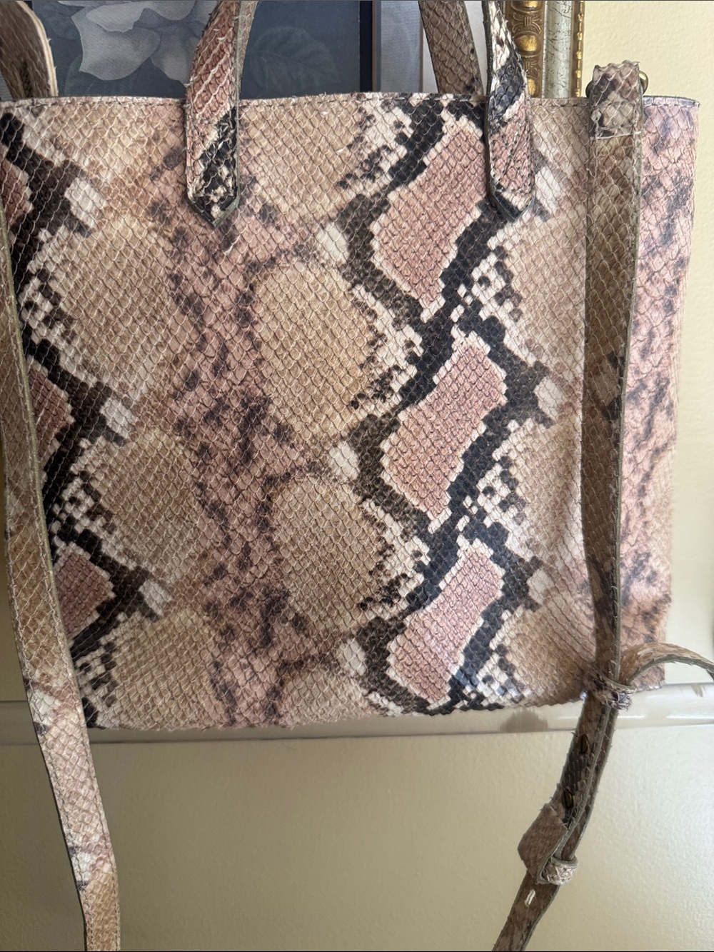 Madewell Pink Taupe Snake-Print Tote with Detachable Strap